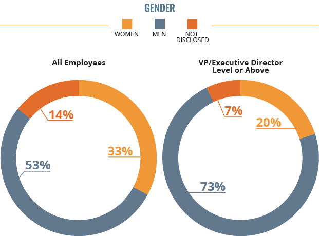 Gender statistics chart Gender All Employees - Women 33% | Men 53% | Not Disclosed 14%; VP/Executive Director Level or Above - Women 20% | Men 73% | Not Disclosed 7%;